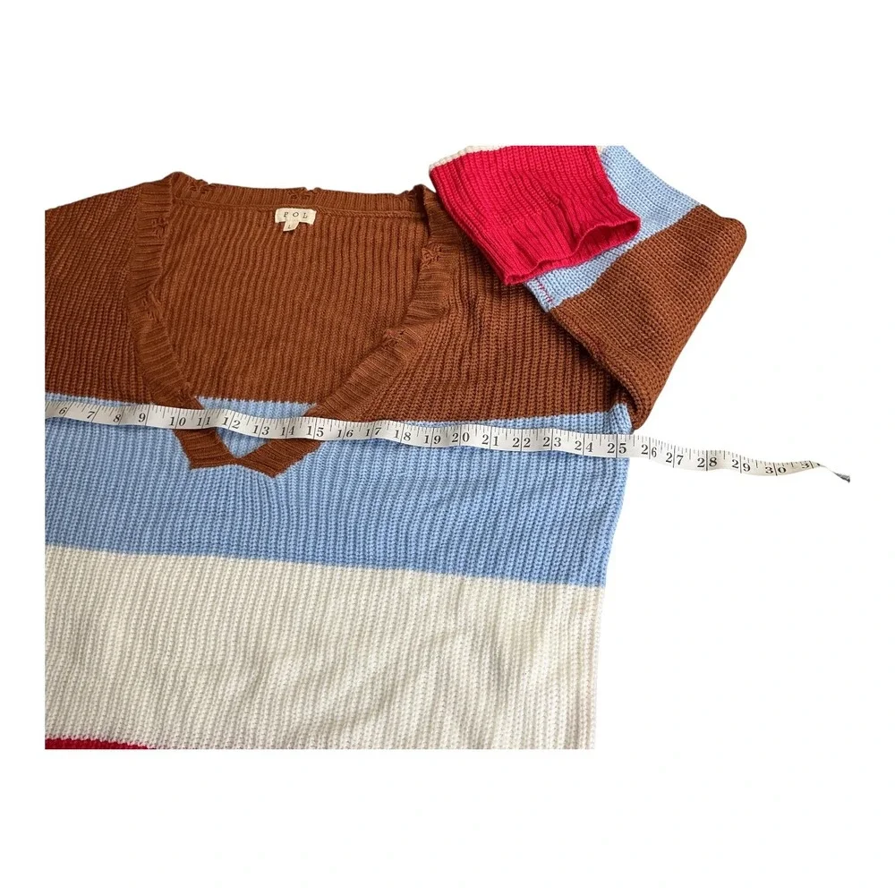POL Striped V Neck Distressed Sweater‎ Size L Brown Blue White Red